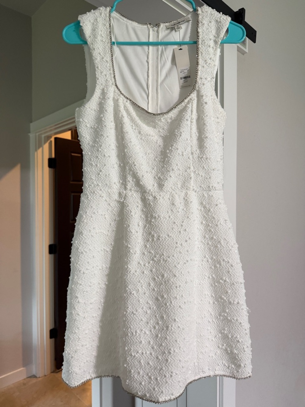 Francesca's Collections White Textured Scoop Neck Mini Dress with Beaded Trim